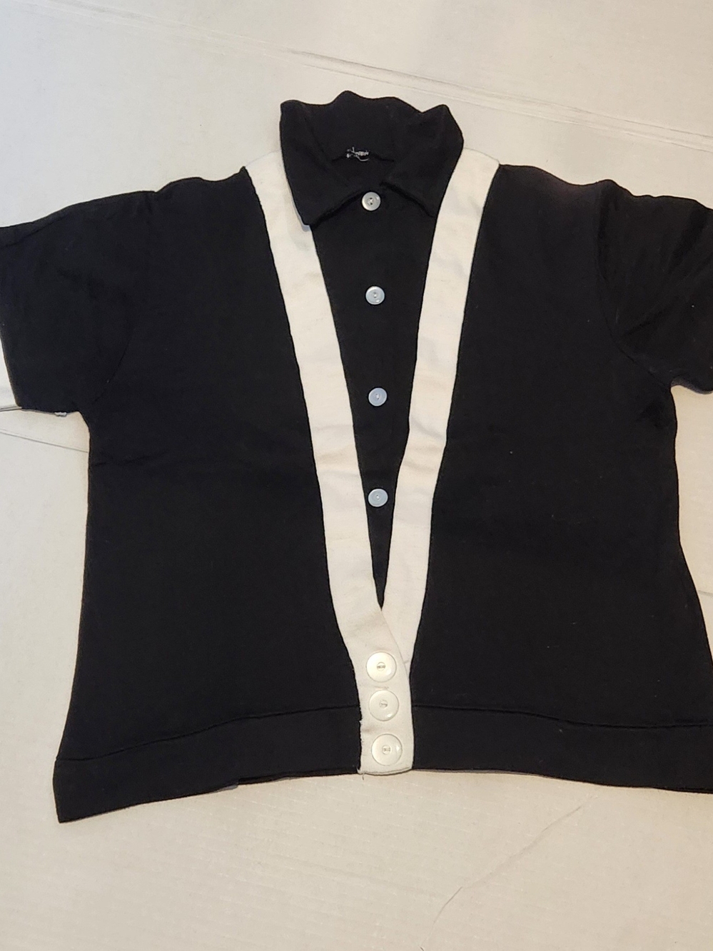Vintage Black Sweater Cardigan with Cream Trim